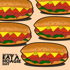 Some meat sandwiches commonly called Hoagie, with bold text on light brown background to celebrate National Eat A Hoagie Day on September 14