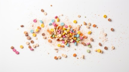 Image of a variety of colorful and sweet cereals on a white background.
