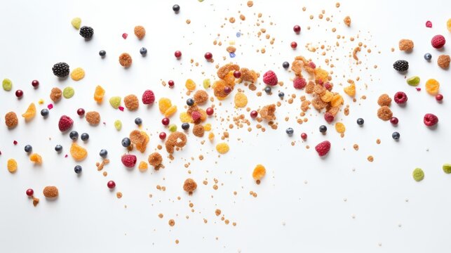 Image of a variety of colorful and sweet cereals on a white background.
