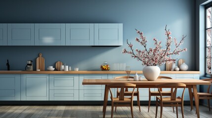 Blue minimalist kitchen room interior with dinning furniture on a wooden floor, decor on a large wall, white landscape in window. Home nordic interior. 3D illustration, - obrazy, fototapety, plakaty