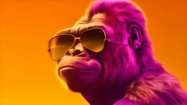 A cool gorilla wearing sunglasses against a vibrant yellow background. Generative ai