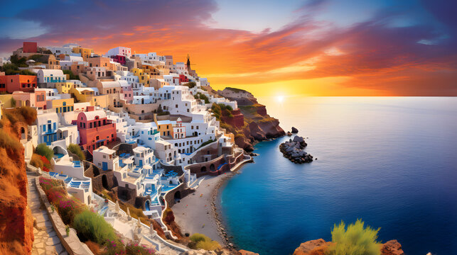 Immerse yourself in the breathtaking beauty of the Mediterranean landscape with this captivating image. A golden sun sets over the horizon, casting a warm glow over the coastal cliffs and azure waters