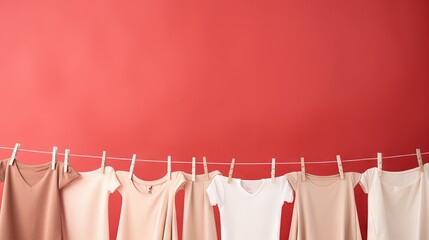  a line of clothes hanging on a clothes line against a red wall.  generative ai