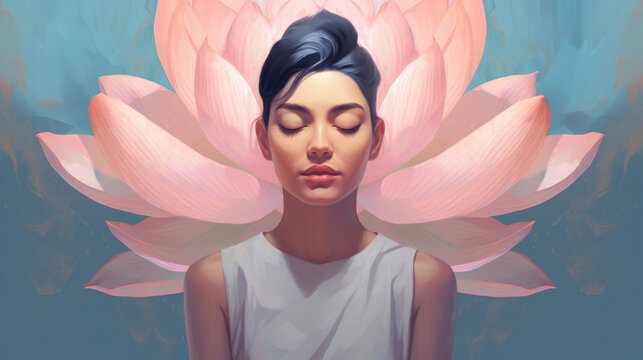 Female practising meditation and mindfulness on background with elegant lotus flower. Woman trying to relax, find balance and inner piece.