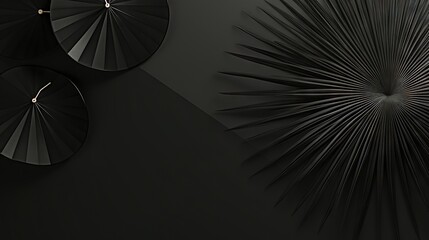  three black umbrellas on a black wall with a black background.  generative ai