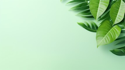  a green plant with leaves on a light green background with a place for text.  generative ai