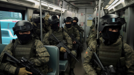 Asian men as Special forces on the bus traveling. Concept of Elite military unit, covert operations, specialized training, tactical travel, special forces mission, skilled operatives, undercover.