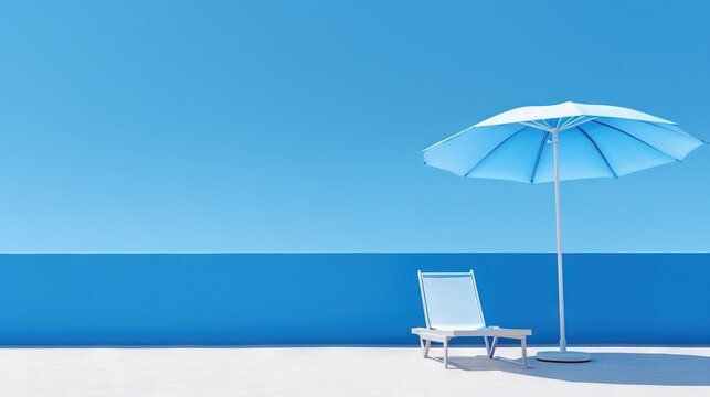  a chair and an umbrella on a blue and white wall.  generative ai