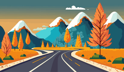Landscape of mountain empty road in autumn with pines, bushes, orange grass Flat colorful vector illustration