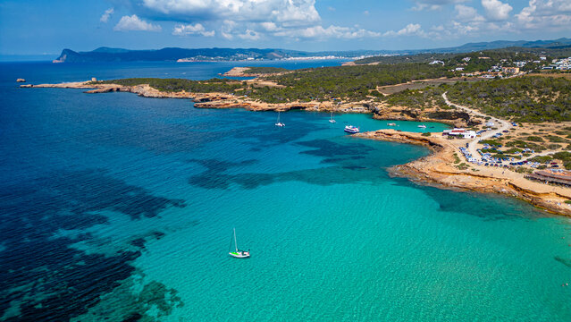 Aerial of Comte beach with its turquoise waters, Ibiza, Balearic Islands, Spain, Mediterranean