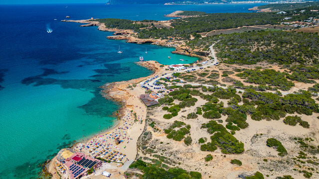 Aerial of Comte beach with its turquoise waters, Ibiza, Balearic Islands, Spain, Mediterranean