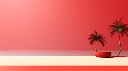 Fototapeta na wymiar two palm trees in a red bowl on a pink background. generative ai