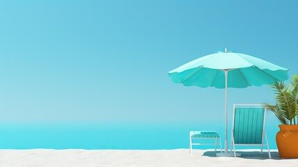  a chair and umbrella on a beach with a blue sky in the background.  generative ai