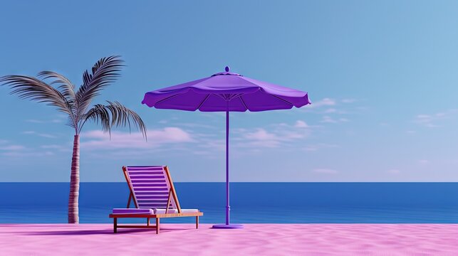  a purple beach chair and a purple umbrella on a pink beach.  generative ai