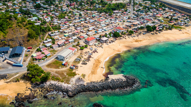 Aerial of the village of San Antonio de Pale and Palmar beach, island of Annobon, Equatorial Guinea, Africa