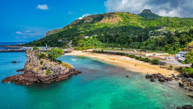 Aerial of Palmar beach on the island of Annobon, Equatorial Guinea, Africa