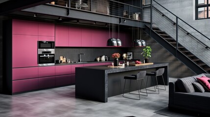  a modern kitchen with pink cabinets and black countertops and a staircase.  generative ai
