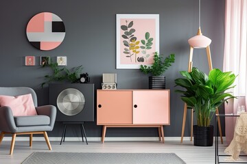 A plant and a grey cabinet with a pink phone and a mock up of a poster are both in the living rooms décor.