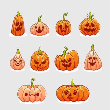 Set of vector halloween pumpkins in cartoon style.