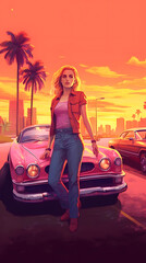 Miami Vice Sunset Elegant Blonde and Classic Car