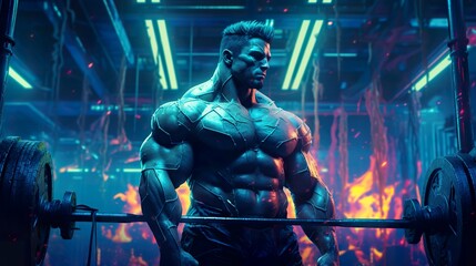 Fototapeta premium brutal muscular bodybuilder athlete at workout in futuristic gym, dark future cyberpunk, in style of purple and blue neon glow, generative AI