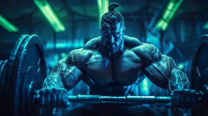 Fototapeta premium brutal muscular bodybuilder athlete at workout in futuristic gym, dark future cyberpunk, in style of purple and blue neon glow, generative AI
