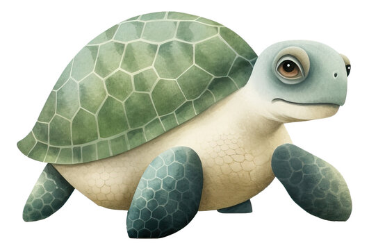 Cute sea turtle cartoon character, Hand drawn watercolor isolated.