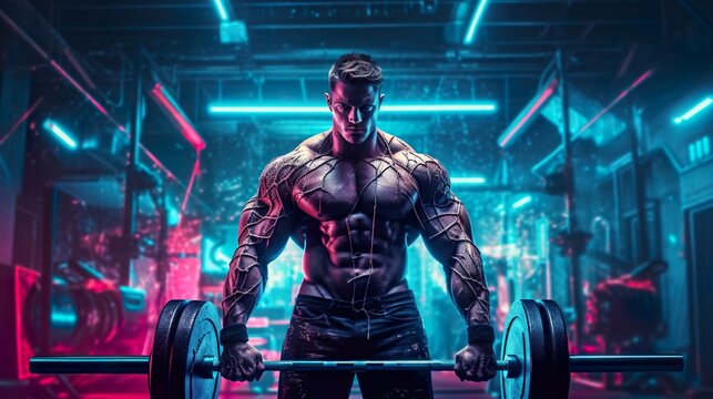 brutal muscular bodybuilder athlete at workout in futuristic gym, dark future cyberpunk, in style of purple and blue neon glow, generative AI