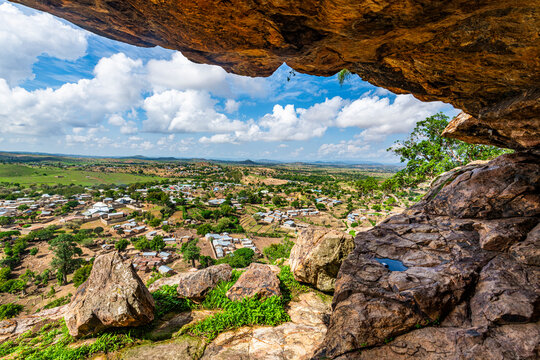 View over the village of Rhumsiki from a cave, Mandara mountains, Far North province, Cameroon, Africa