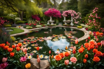 A beautiful garden enchanted with the charm of roses, lilies, and tulips and a pond in the middle - AI Generative