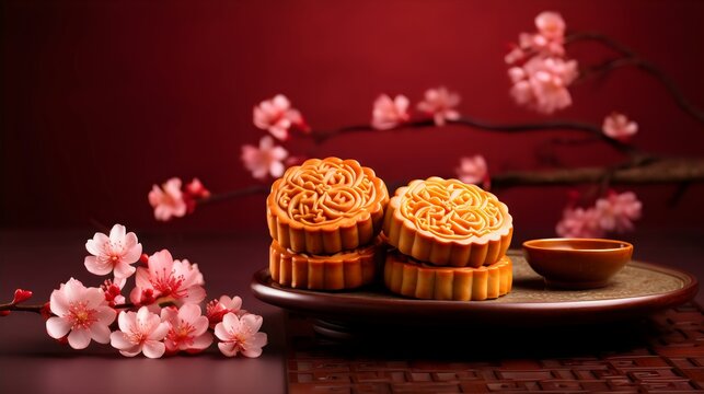 Moon cake table setting, Round shaped Chinese traditional pastry, traditional Chinese plate, teacup, Mid-Autumn Festival, close up, decoration, Cherry blossom branch, sakura flower