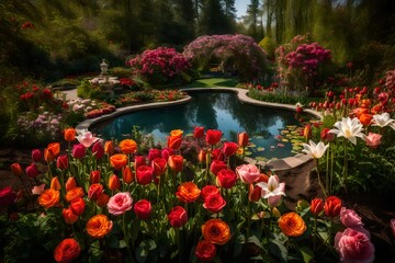 A beautiful garden enchanted with the charm of roses, lilies, and tulips and a pond in the middle - AI Generative