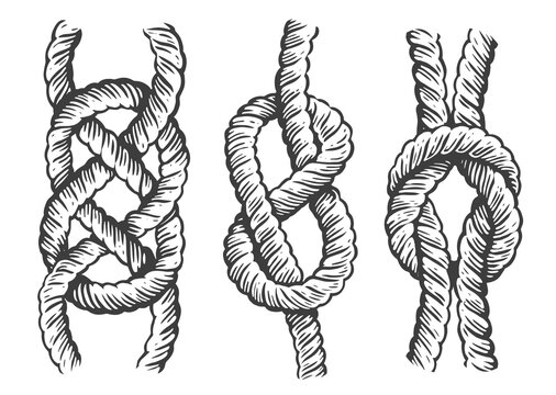 Set of nautical rope knots. Marine concept. Vintage sketch illustration