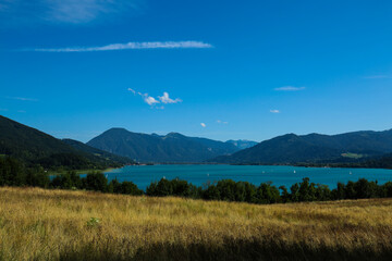 Tegernsee from the mountain, with a blue sky