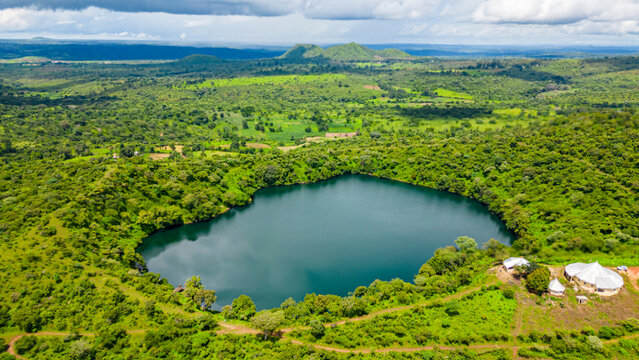 Aerial of Lake Tison, Ngaoundere, Adamawa region, Northern Cameroon, Africa