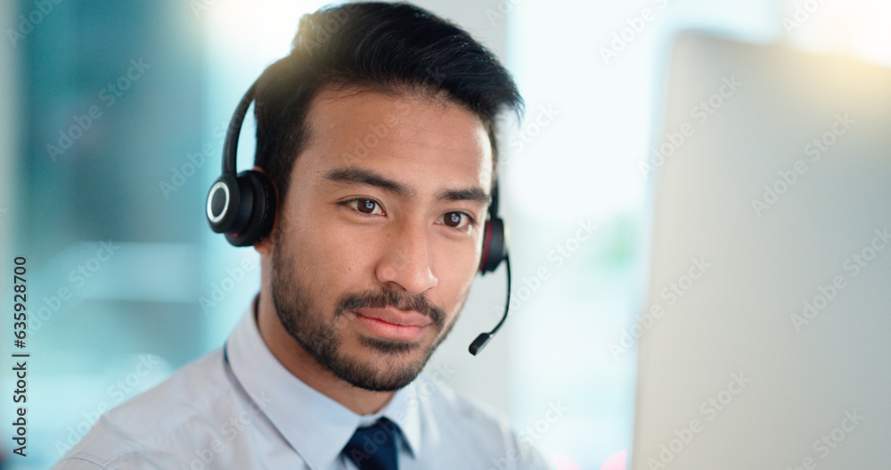 Poster Call center agent talking and listening to a client on a headset while working in an office. Confident and reassuring salesman consulting and operating a helpdesk for customer service and support