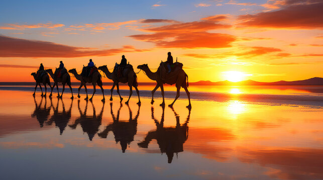 Drover And Camels At Sunrise