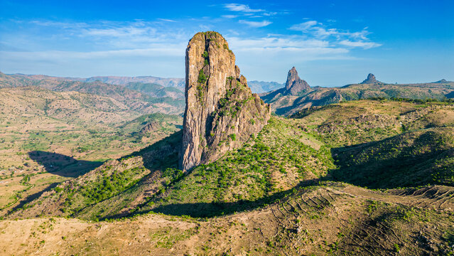 Aerial of Rhumsiki peak in the lunar landscape of Rhumsiki, Mandara mountains, Far North province, Cameroon, Africa