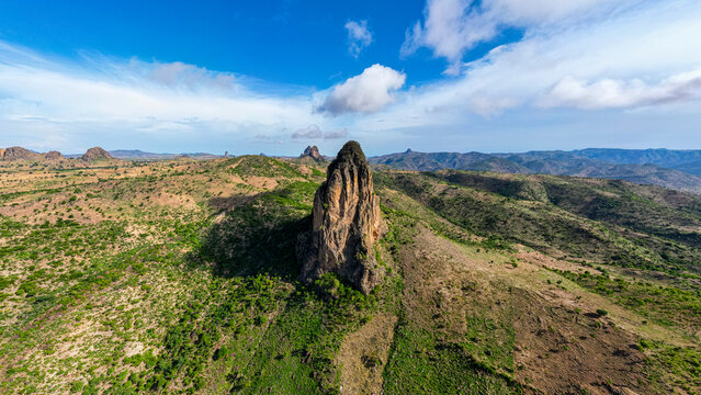 Aerial of Rhumsiki peak in the lunar landscape of Rhumsiki, Mandara mountains, Far North province, Cameroon, Africa
