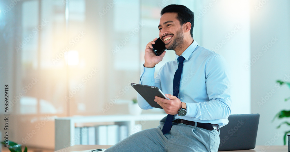 Leinwandbilder business man talking on a phone while browsing on a digital tablet in an office. dedicated sales exe