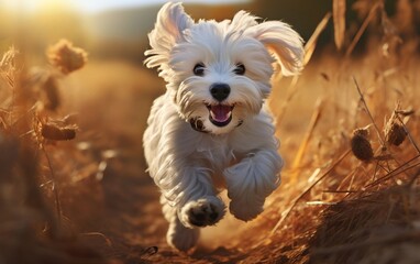 Maltese Pup Frolicking in Field. Generative AI