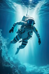 Fototapeta premium Astronaut Explores Alien Ocean's Mysteries in Bold Fusion of Space and Sea