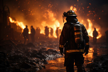 Naklejka premium Fire fighter working at dangerous area background. Generative ai.
