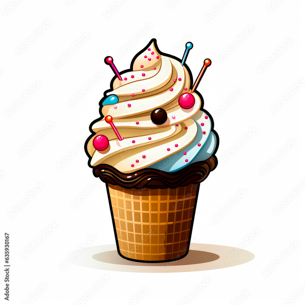 Sticker cupcake with white frosting and sprinkles.