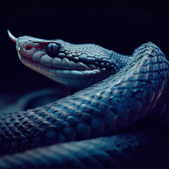 Illustration of a snake curled up in a dark room in a blue and black theme.generative AI