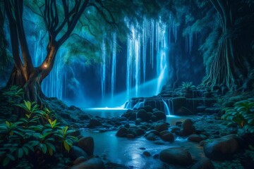 A cascading waterfall with a big banyan tree in a lush jungle beneath the ethereal blue light of the moonlit night sky - AI Generative