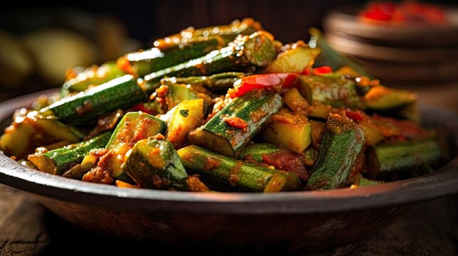 Bhindi masala, also known as ladies finger fry, is served with a spicy stew of mixed veggies and Indian naan.