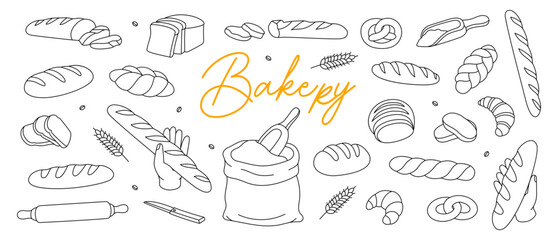 Bakery outline sketch set. Breads line banner. Bakery menu horizontal illustration. Whole grain and wheat bread, pretzel, ciabatta, croissant.