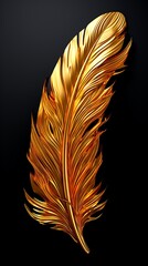 Close up of golden feather on black background.