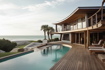 Fototapeta premium At a stylish beach home or affluent property, a deserted outdoor wooden terrace with a green yard and a pool. The façade of the building overlooks the sea.
